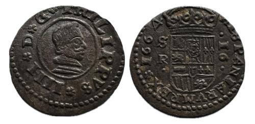 323   -  Felipe IV (1621-1665). 16 maravedís. 1664. Sevilla. R. (Cal-498). (Jarabo Sanahuja-M622)