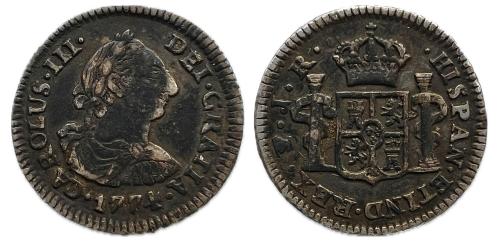 360   -  Carlos III (1759-1788). 1/2 real. 1774. Potosí. JR. (Cal-1800)