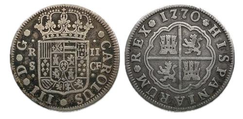 363   -  Carlos III (1759-1788). 2 reales. 1770. Sevilla. CF. (Cal-779)