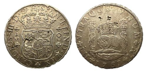 378   -  Carlos III (1759-1788). 8 reales. 1767. Lima. JM. (Cal-1027)