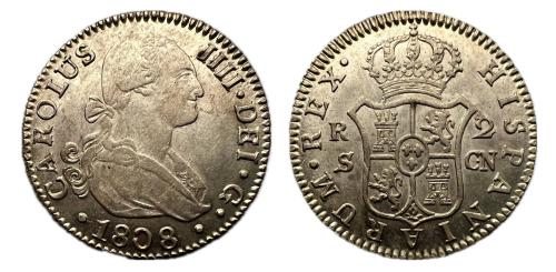 393   -  Carlos IV (1788-1808). 2 reales. 1808. Sevilla. CN. (Cal-728)