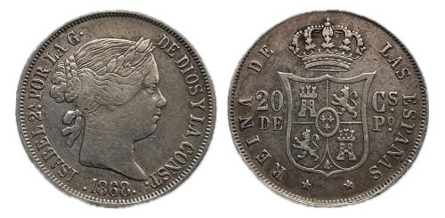 449   -  Isabel II (1833-1868). 20 centavos. 1868. Manila