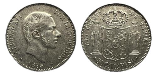 458   -  Alfonso XII (1874-1885). 50 centavos de peso. 1885. Manila. (Cal-124)