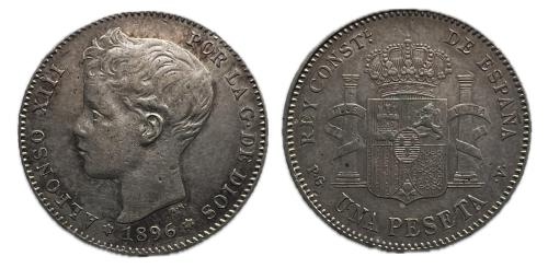 468   -  Alfonso XIII (1886-1931). 1 peseta. 1896*18-96. Madrid. PGV. (Cal-56).