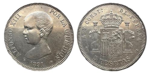 488   -  Alfonso XIII (1886-1931). 5 pesetas. 1891*18-91. Madrid. PGM. (Cal-98).