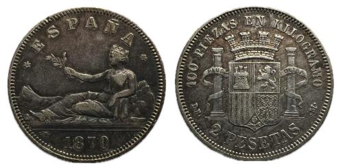 494   -  Gobierno Provisional (1868-1871). 2 pesetas. 1870*18-73. Madrid. DEM. (Cal-28).