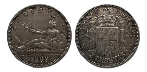 495   -  Gobierno Provisional (1868-1871). 2 pesetas. 1869*18-69. Madrid. SNM. (Cal-22).